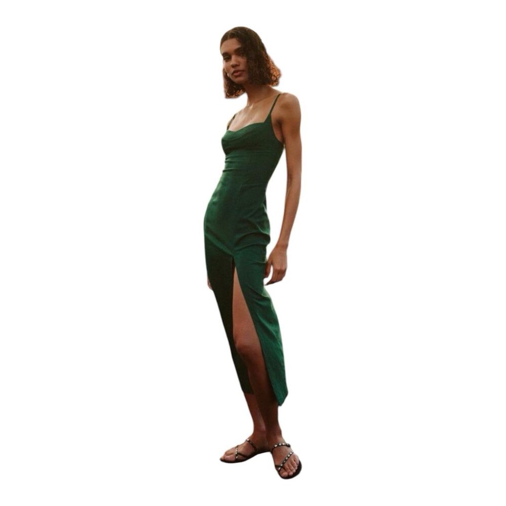 Zara Linen Blend Strappy Midi Dress in Green Size S Cowl Neck Slit